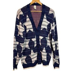 Green Patriotic Star Print Grandpa Cardigan Sweater USA Made Size 3- XL